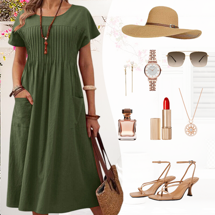 Faltiges Midi-Kleid mit kurzen Ärmeln und Taschen