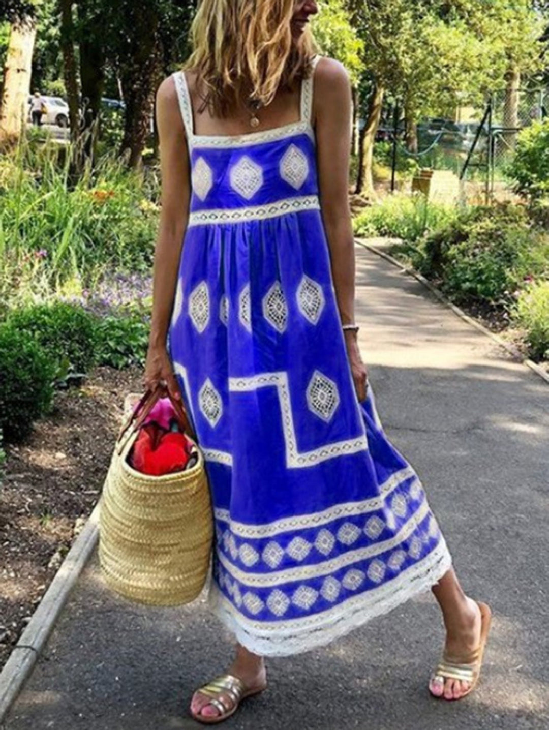 Gelbes Boho-Muster Maxikleid mit quadratischem Ausschnitt