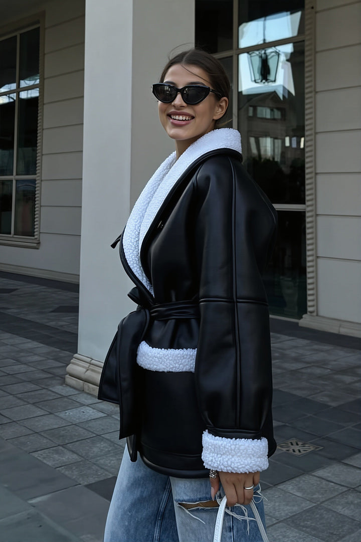 Damen Longline Kunstledermantel Mit Lammfelloptik