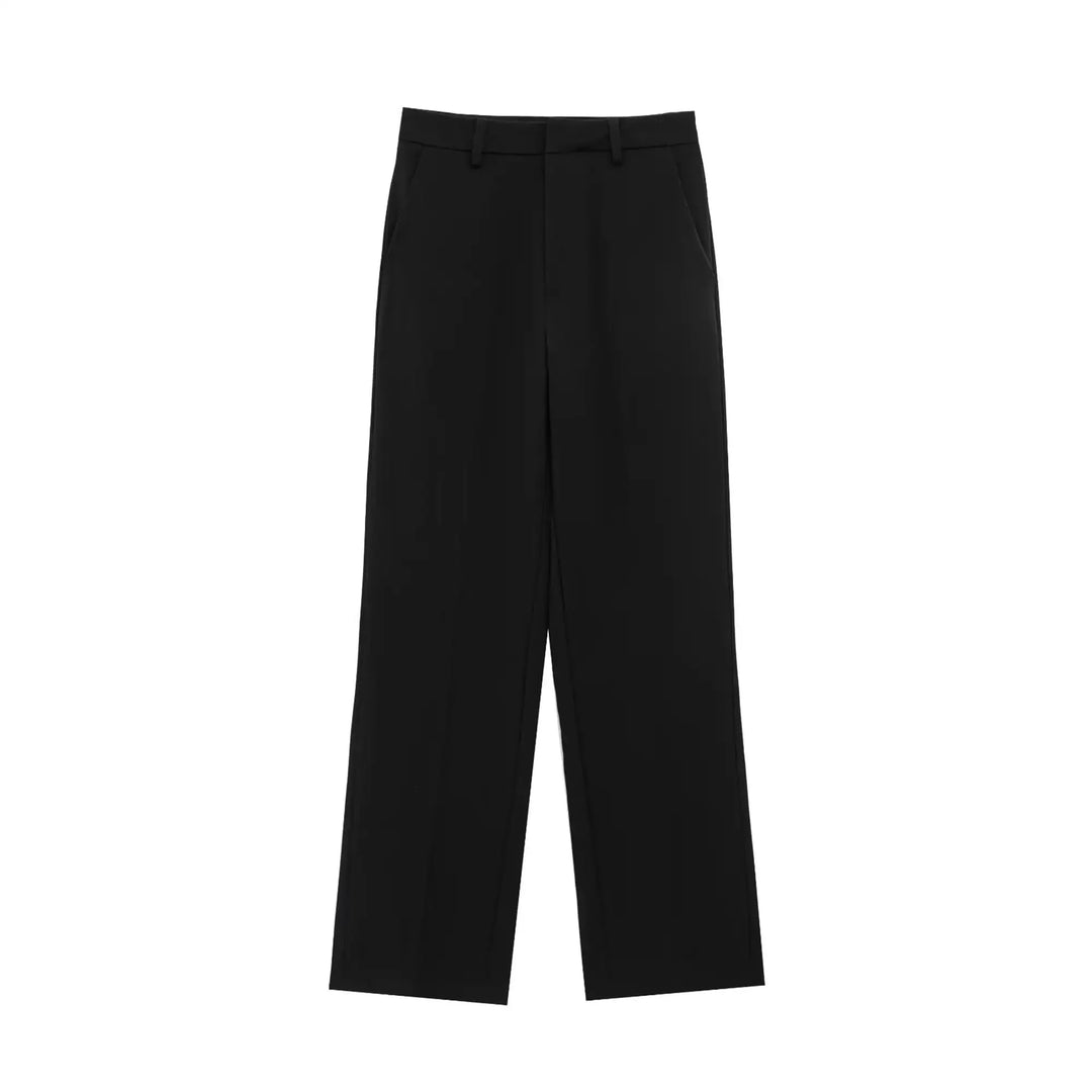Damen Slim Revers Reißverschluss Kurzarm Mantel Oberteil Weite Bein Hose Set Schwarz