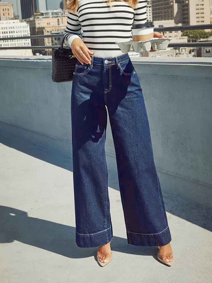 High-Waist Weite Stretch-Denim-Jeans mit umgeschlagenem Saum