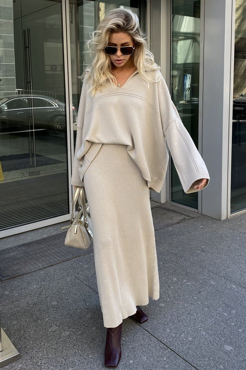 Damen Strickset Mit Pullover Und Midirock