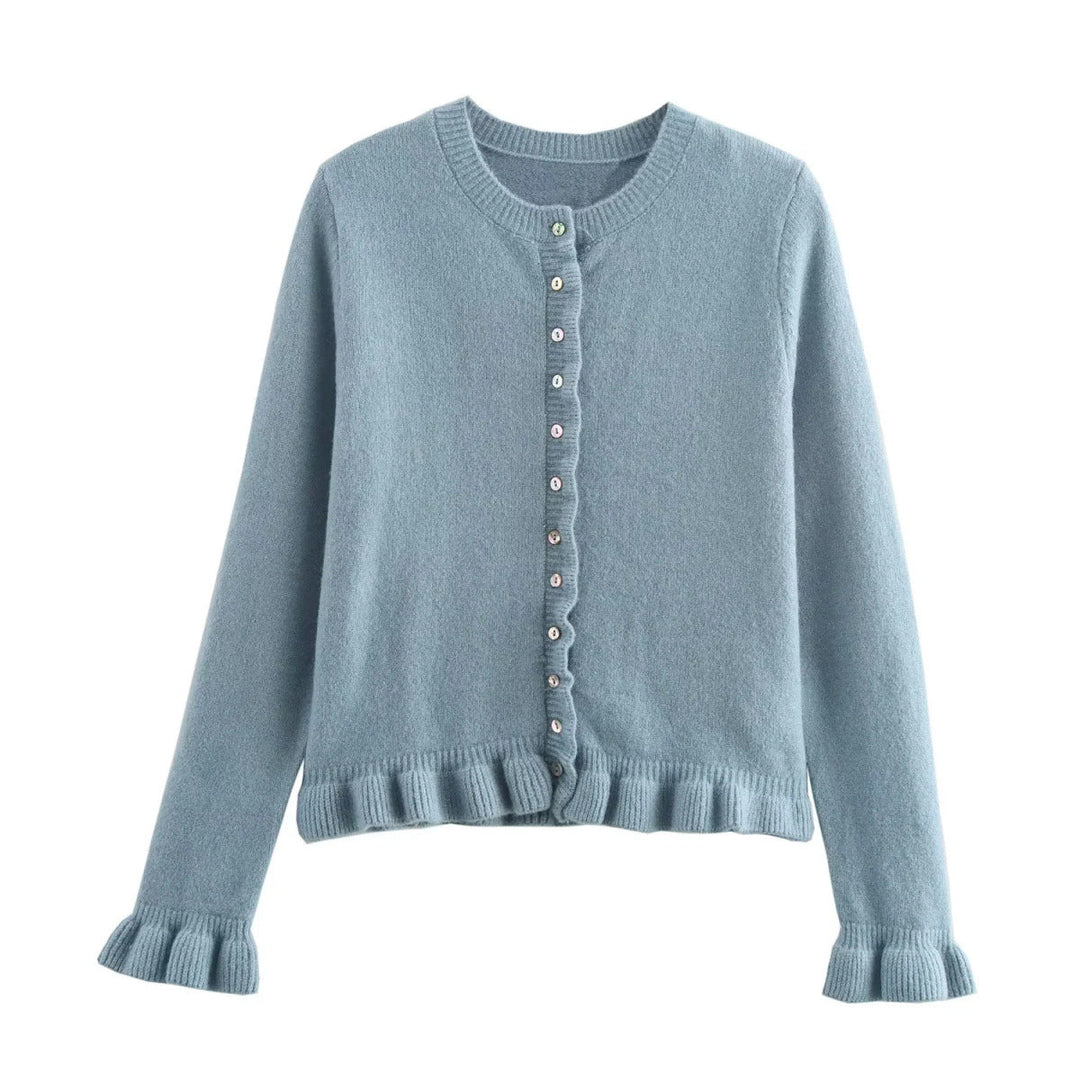 Rüschenbesetzter Damen-Cardigan mit Knöpfen, schickes Lagen-Oberteil
