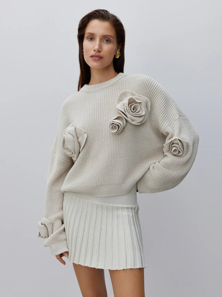 Gemütlicher 3D-Rosen-Strickpullover mit lockerer Passform