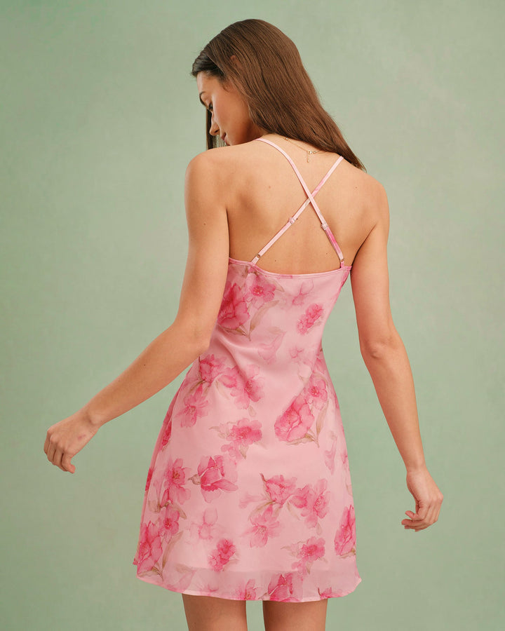 Rosa Blumen Trägerloses Minikleid mit Wasserfallausschnitt