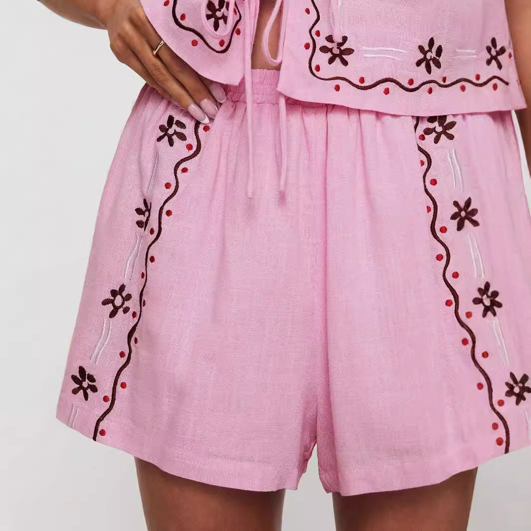 Damen Zweiteiler Sommer-Set mit Blumenstickerei