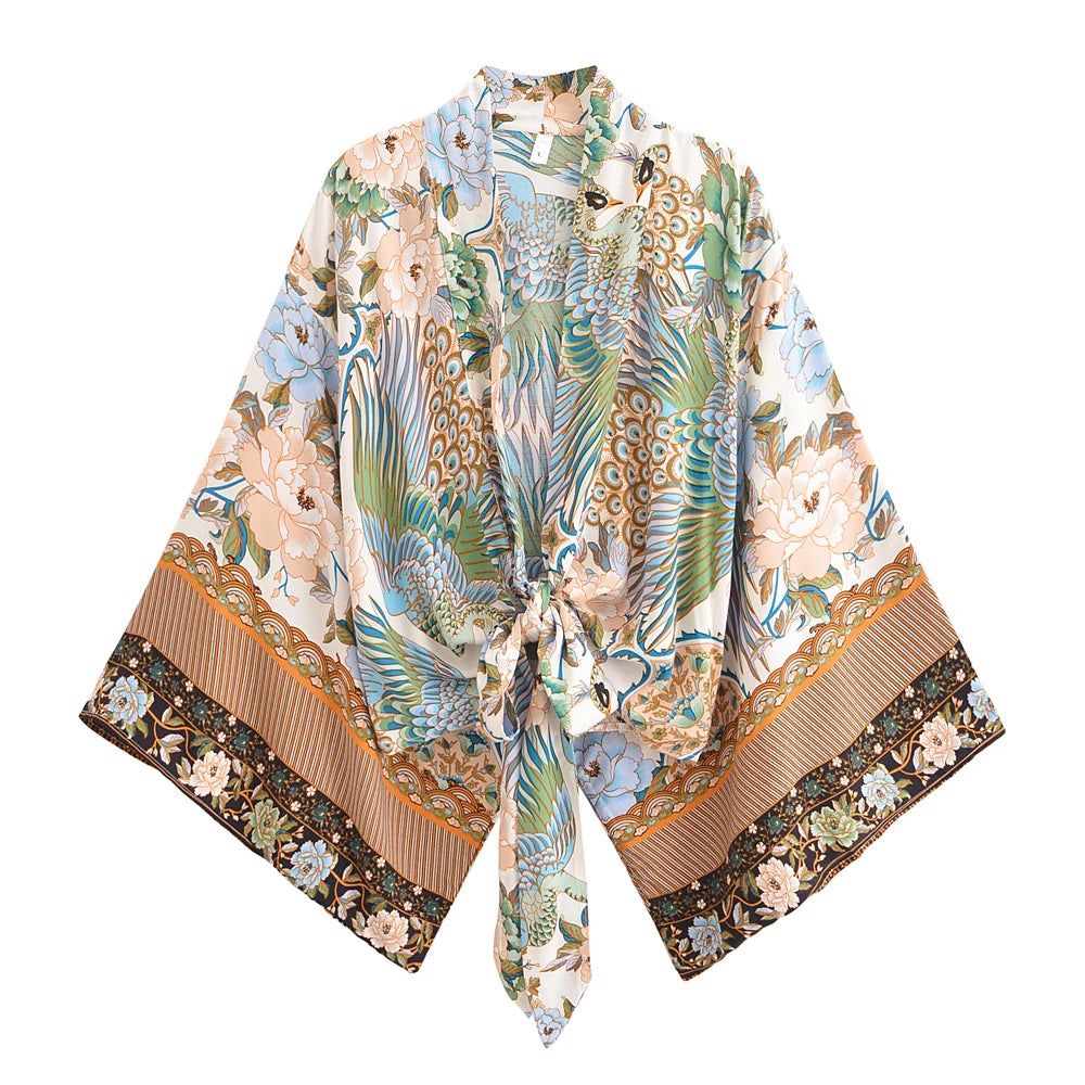 Kurzer Rayon-Blumenmuster-Kimono Strand-Cover-Up für Damen