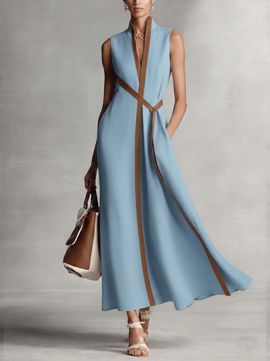 Damen Ärmelloses Baumwoll-Leinen Freizeitkleid mit Stehkragen