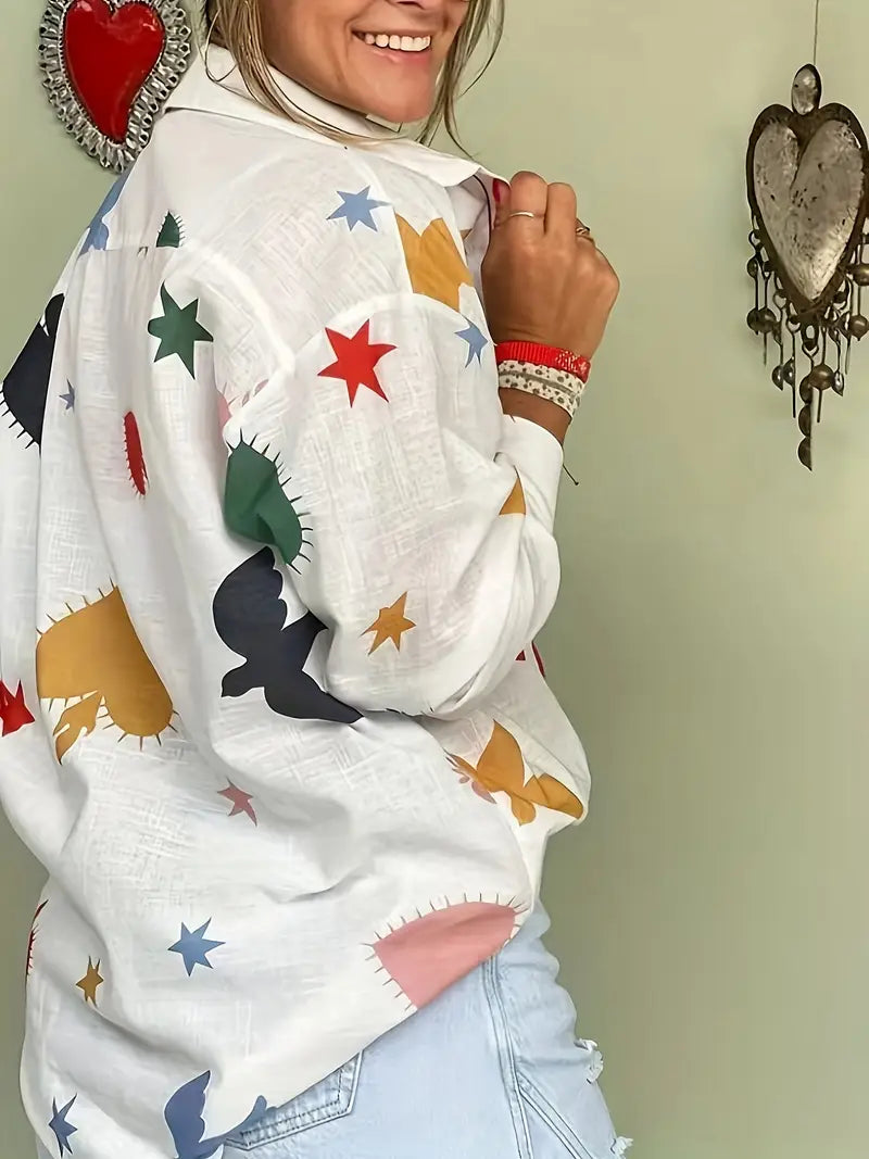 Leichte Leinenmischung bedruckte Bluse mit Knopfleiste