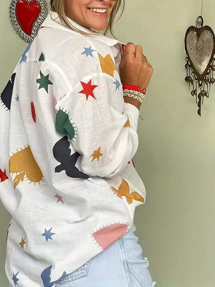 Leichte Leinenmischung bedruckte Bluse mit Knopfleiste