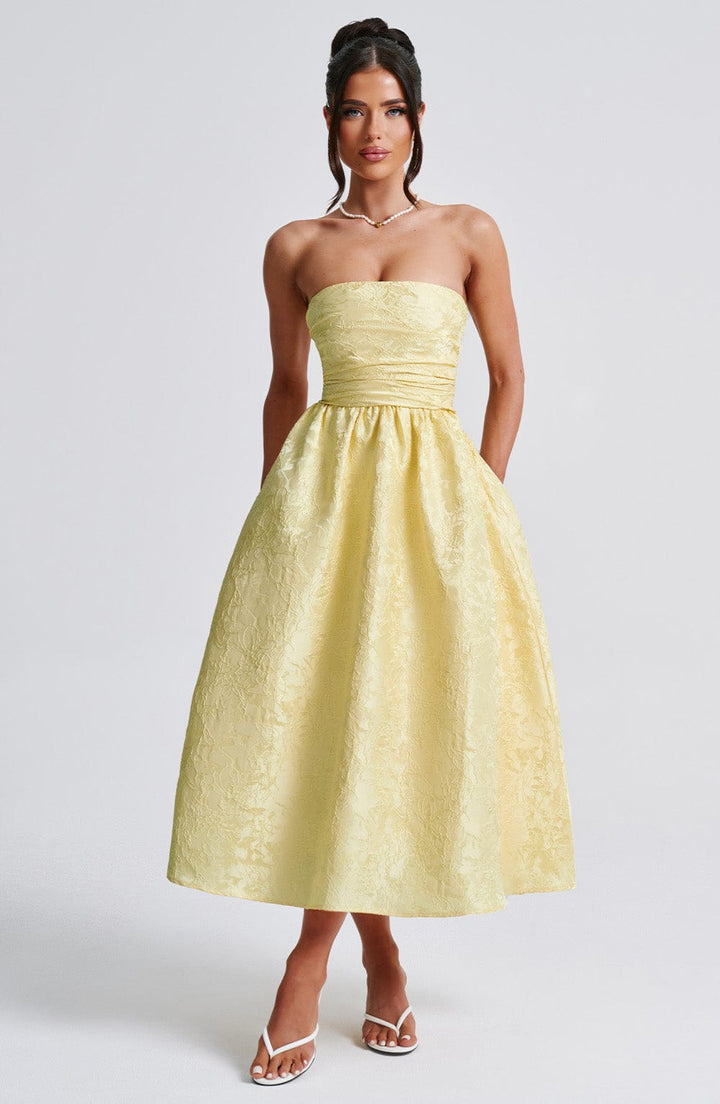 Floraler Jacquard Trägerloser Plissierter Midikleid Zitrone