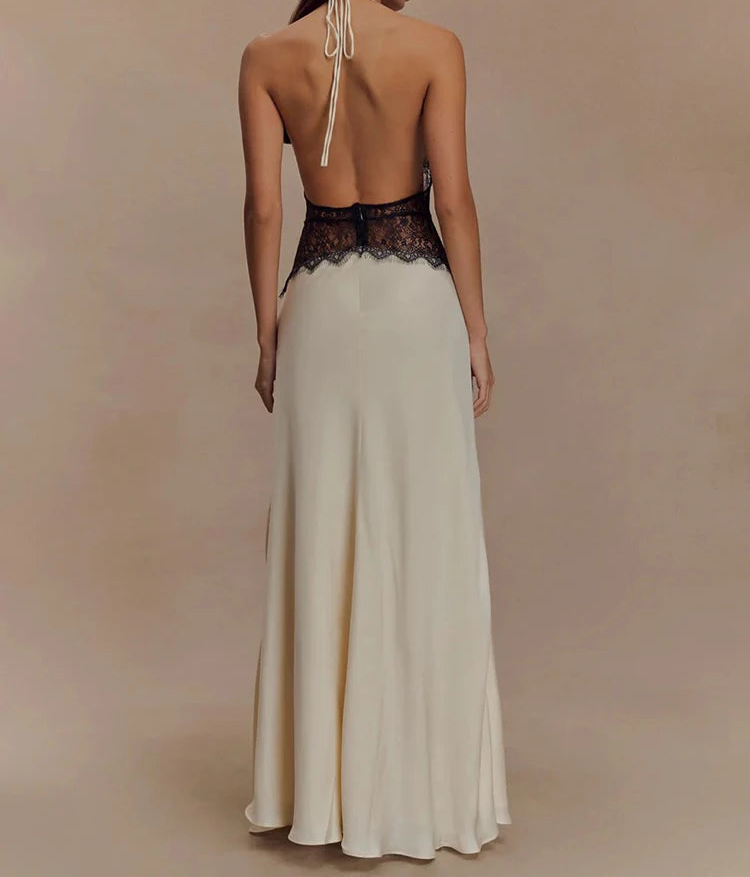 Maxikleid mit Neckholder, Spitzeneinsatz und freiem Rücken