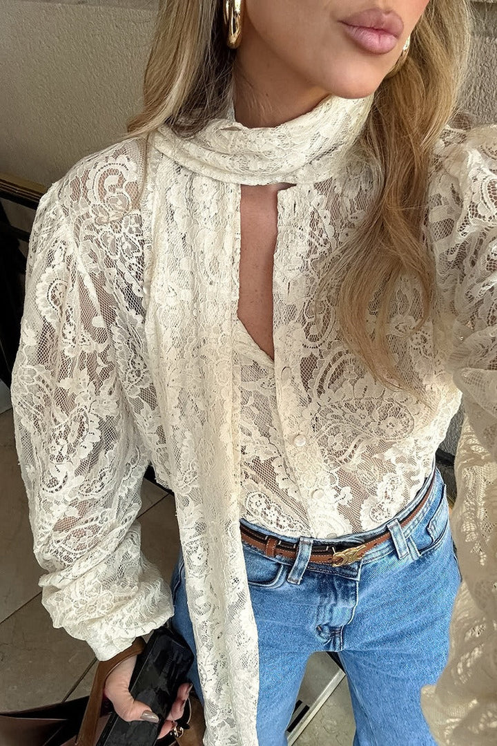 Damen Transparente Spitzenbluse mit Schleifenkragen Aprikose