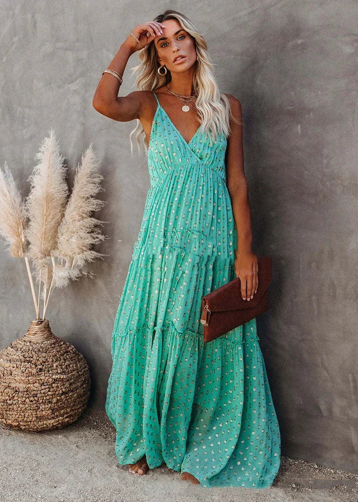 Boho-Chic grünes Maxi-Sommerkleid