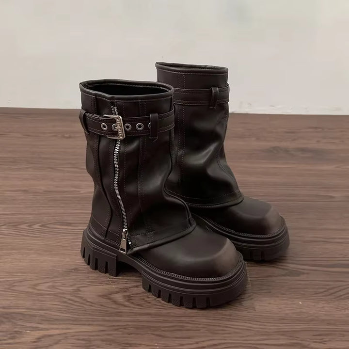 Damen Plateau-Biker-Stiefeletten mit Schnallen