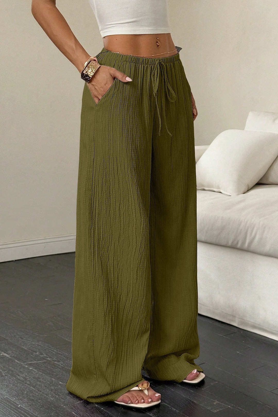Damen Wide Leg Hose Mit Struktur Und Knotenbund