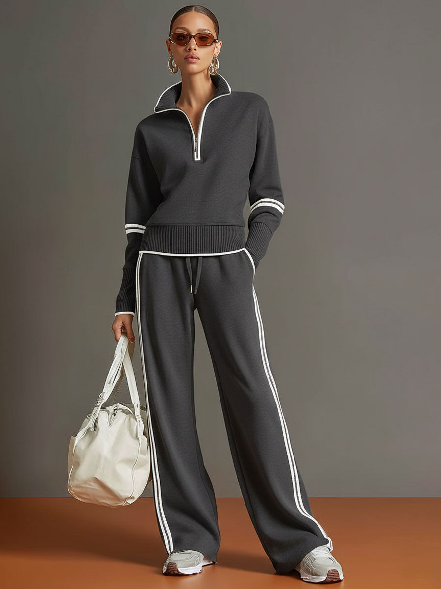 Pullover-Sweatshirt mit halbem Reißverschluss und weites Hosen-Set