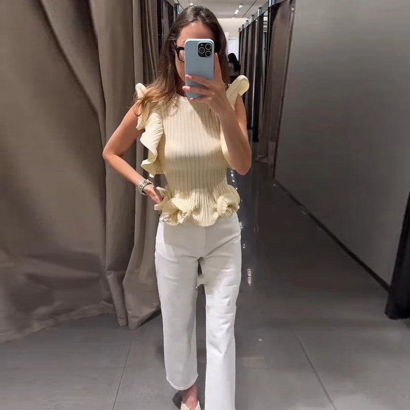 Damen Ärmellose Bluse mit Rüschensaum Slim Fit