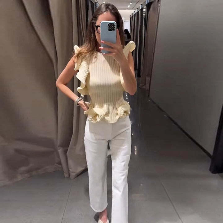 Damen Ärmellose Bluse mit Rüschensaum Slim Fit