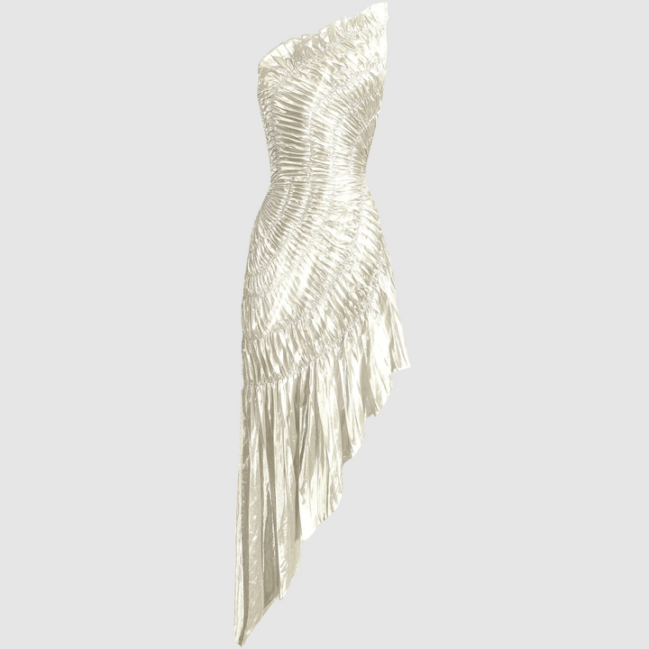 Silbernes plissee-asymmetrisches Midikleid für Damen