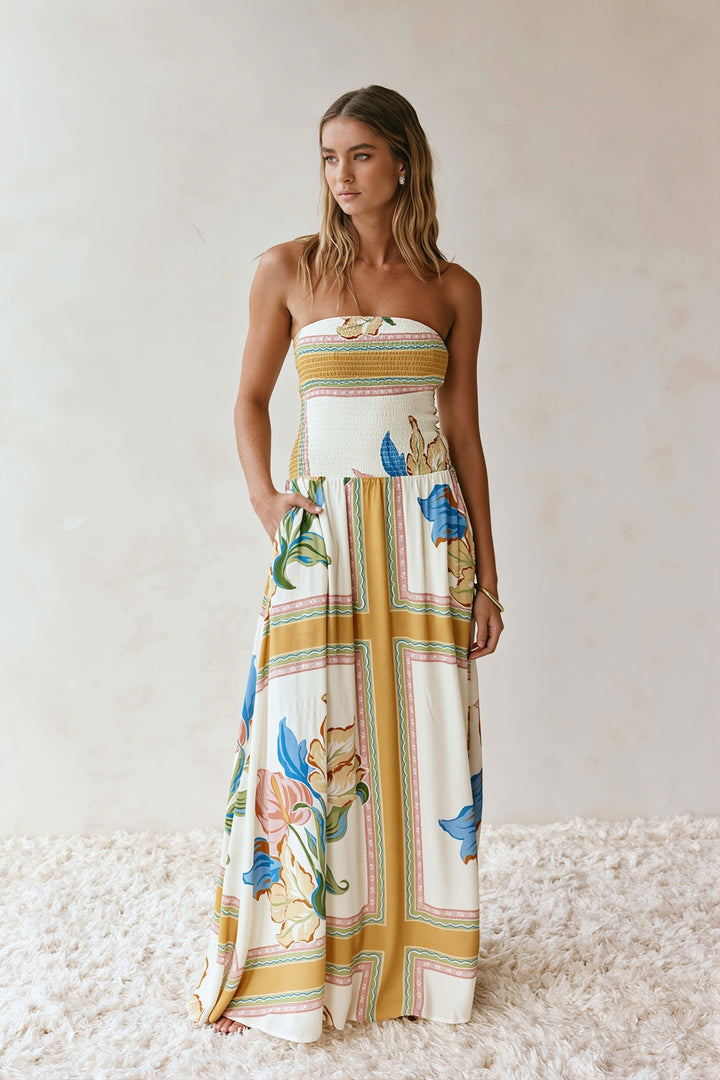 Florales Maxikleid für Damen mit trägerlosem Bandeau-Ausschnitt