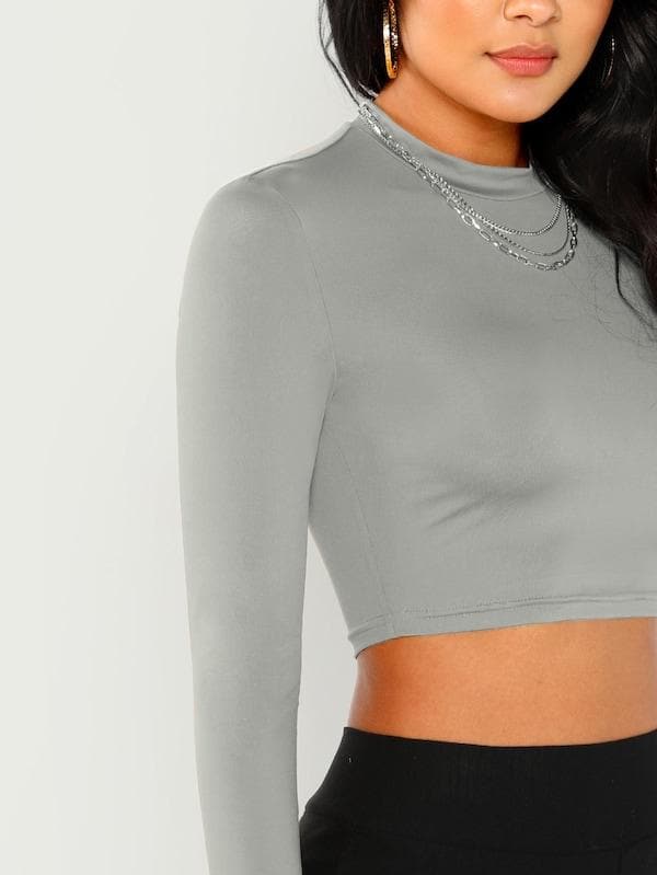 Stehkragen Enganliegendes Langarm-Cropped-Top