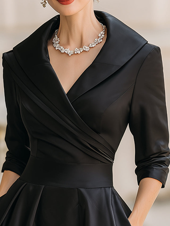 Vintage Satin Midi-Kleid mit drapiertem Kragen