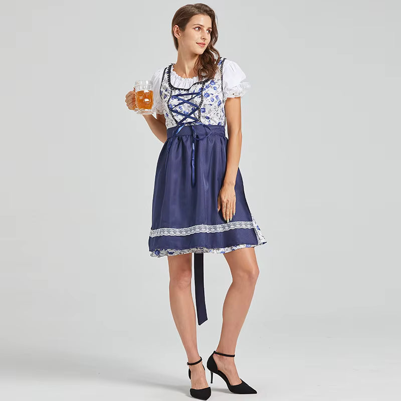 Damen Traditionelles Dirndlkleid aus Polyester-Baumwoll-Mischung Blau Blumenmuster