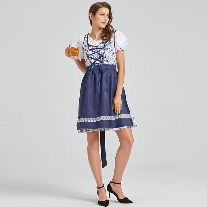 Damen Traditionelles Dirndlkleid aus Polyester-Baumwoll-Mischung Blau Blumenmuster
