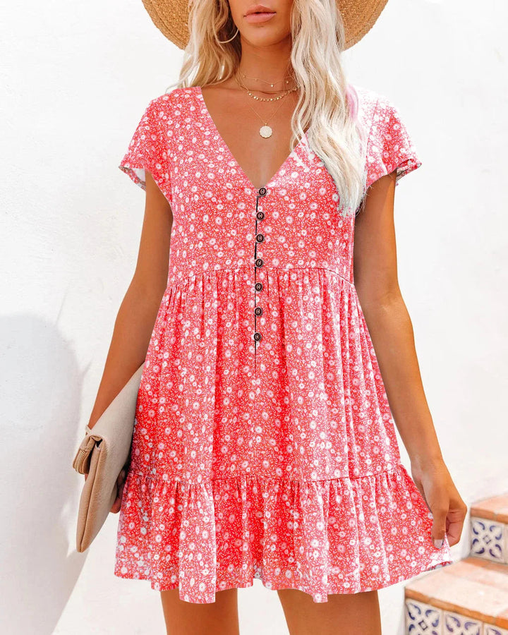 Damen Sommer Blumen V-Ausschnitt Falten Mini Kleid