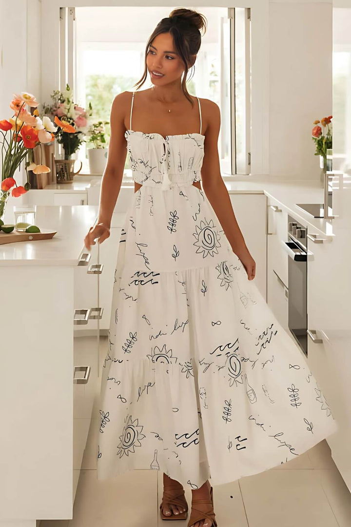 Bedrucktes Midikleid mit Spaghettiträgern Weiß