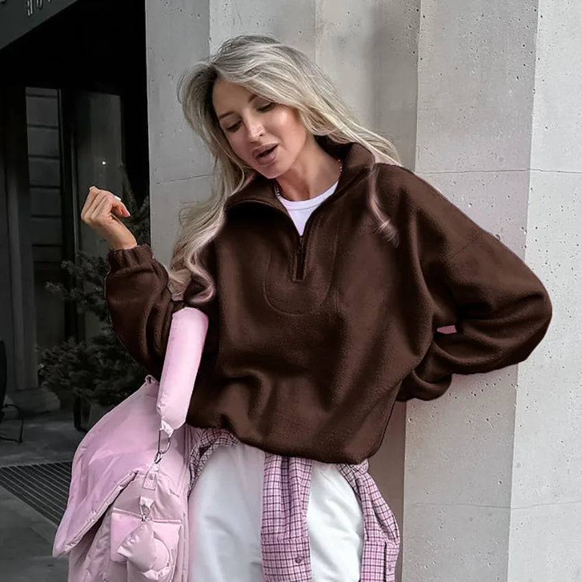 Damen Fleece Sweatshirt Stehkragen Reißverschluss Lässige Passform