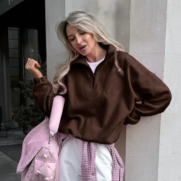 Damen Fleece Sweatshirt Stehkragen Reißverschluss Lässige Passform