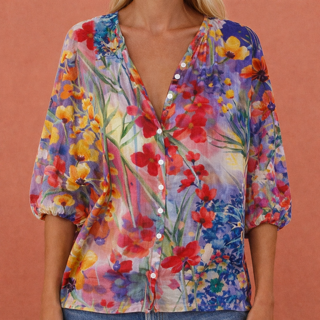 Damen V-Ausschnitt Bluse mit Knopfverschluss und Druckmuster