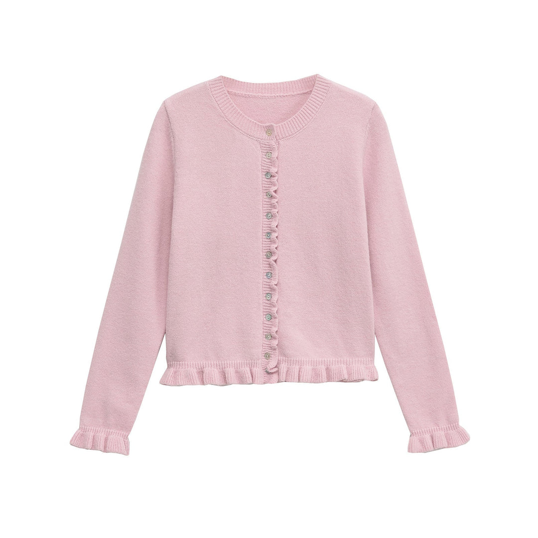 Rüschenbesetzter Damen-Cardigan mit Knöpfen, schickes Lagen-Oberteil