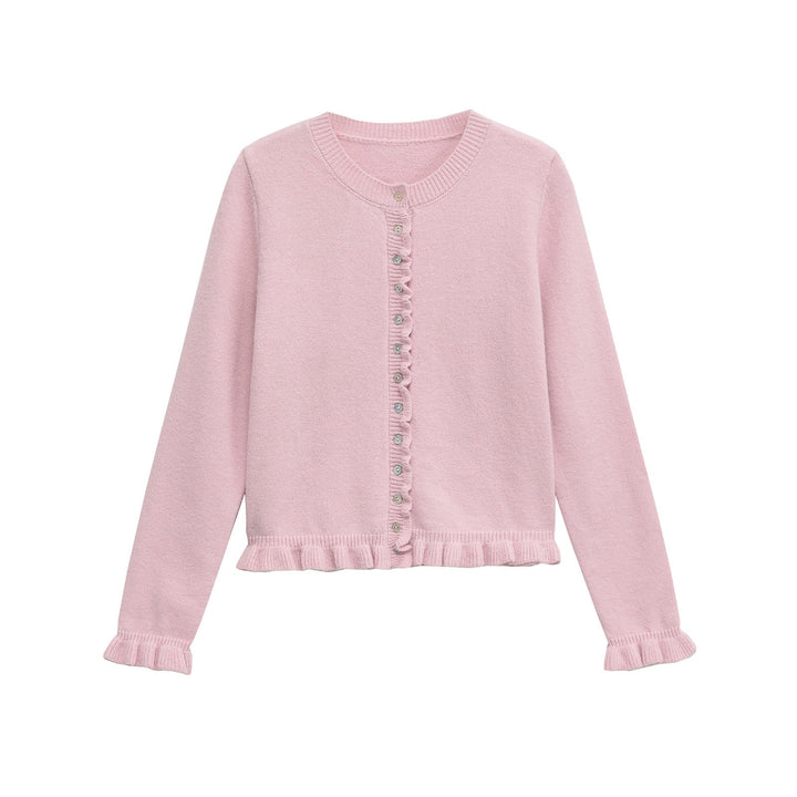 Rüschenbesetzter Damen-Cardigan mit Knöpfen, schickes Lagen-Oberteil