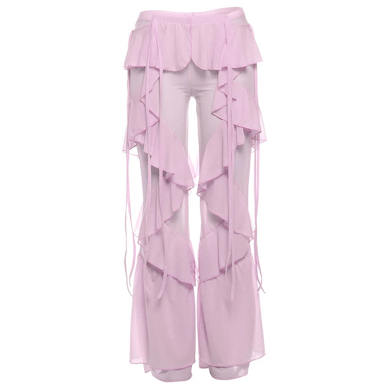 Damen Baumwoll-Mesh Rüschen-Überziehhose Weiß