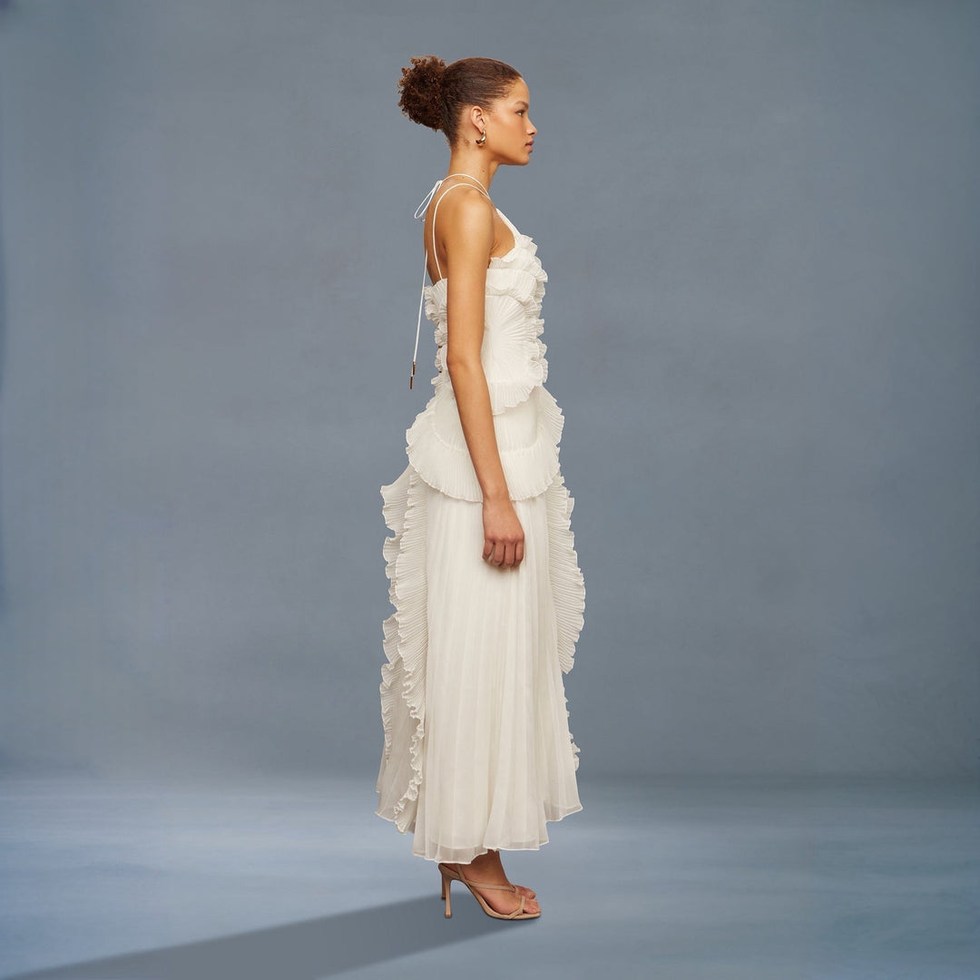 Weißes Midikleid mit Falten und Teerosen-Detail