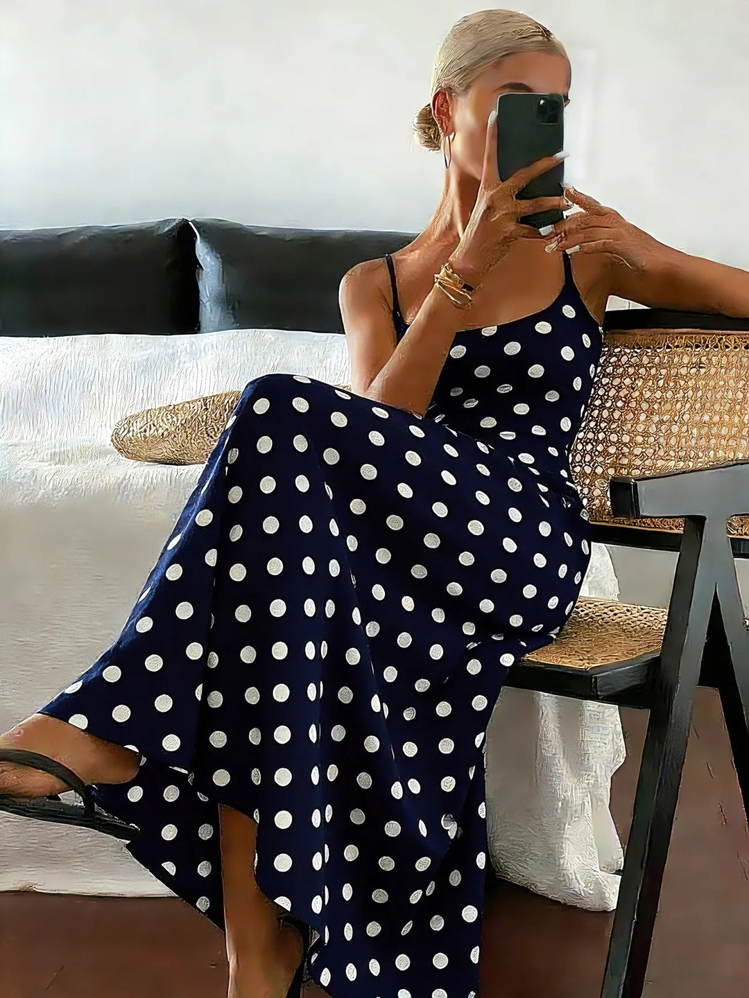 Ärmelloses tailliertes Midi-Kleid mit Polka-Dot-Muster für Damen