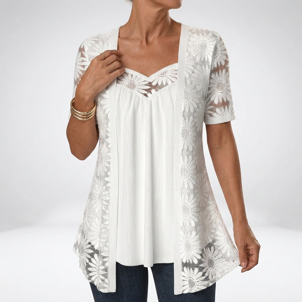 Damenbluse mit floraler Spitze und Stickerei