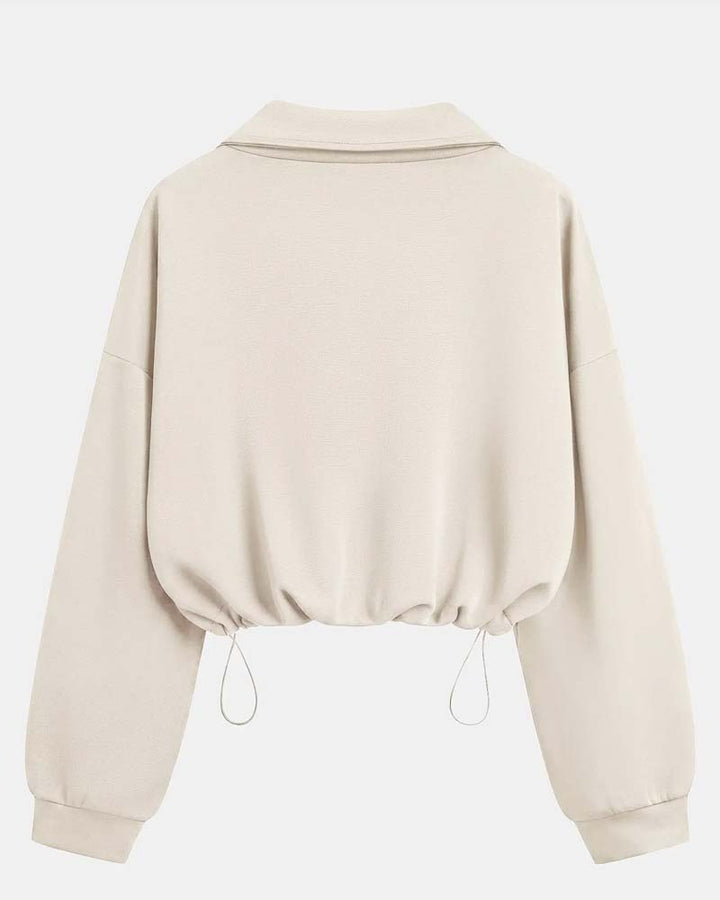 Damen-Sweatshirt mit langem Arm und Reißverschluss in einer seitlichen Ansicht