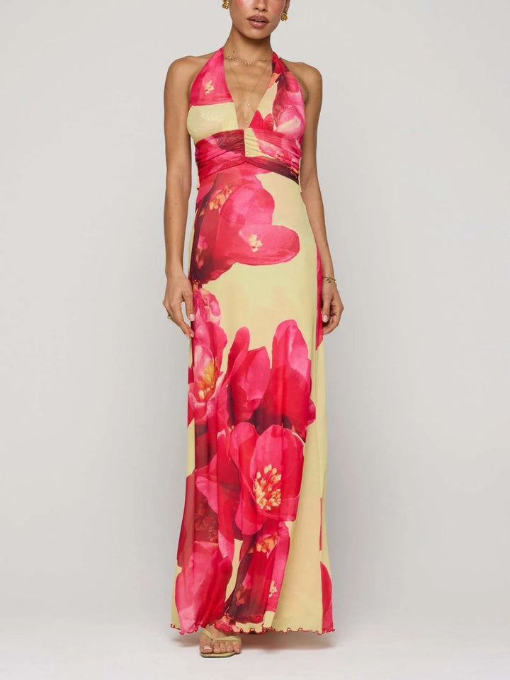 Maxikleid mit Blumenmuster, Neckholder und tiefem V-Ausschnitt
