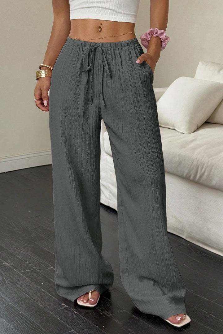 Damen Wide Leg Hose Mit Struktur Und Knotenbund