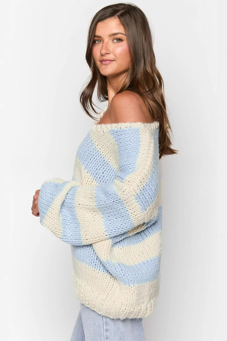 Gemütlicher Schulterfreier Gestreifter Strickpullover für Herbstlagen