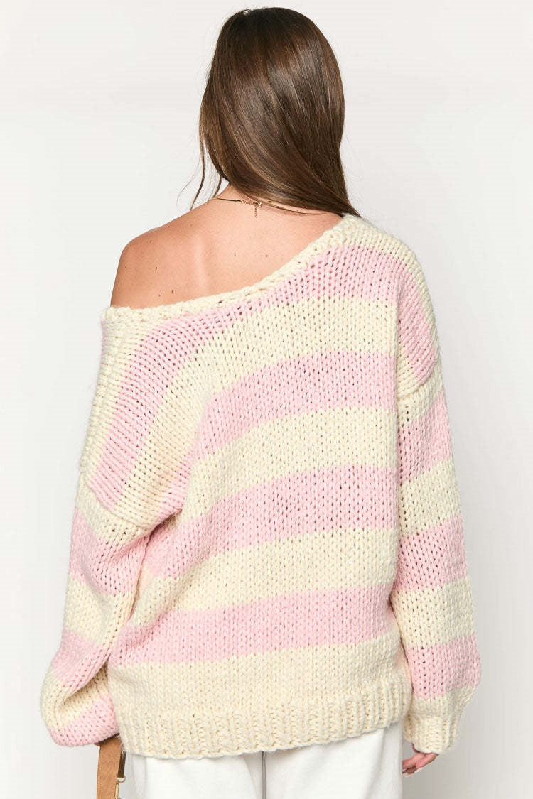 Gemütlicher Schulterfreier Gestreifter Strickpullover für Herbstlagen