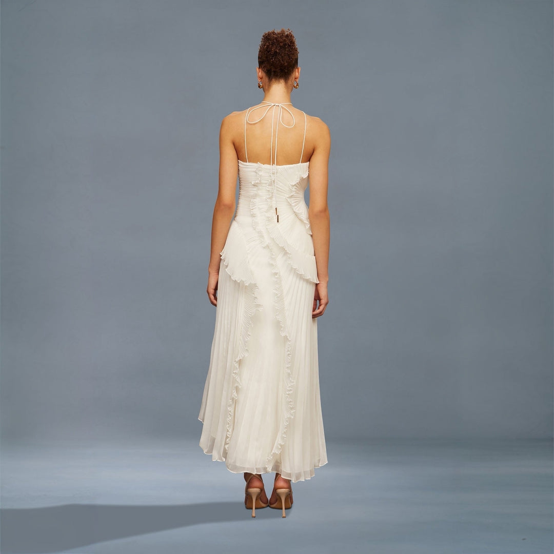Weißes Midikleid mit Falten und Teerosen-Detail