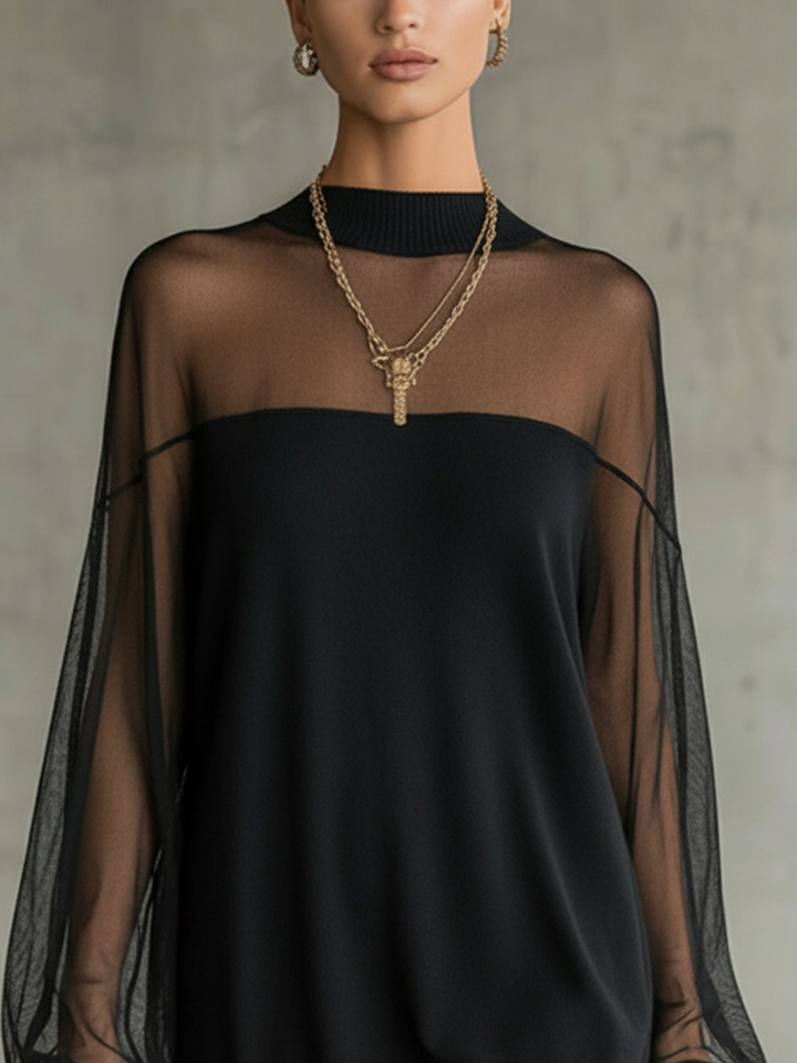 Elegantes schwarzes Minikleid mit transparenten Mesh-Ärmeln