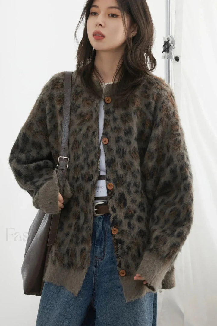 Gemütlicher Leopardenmuster Einreihiger Cardigan