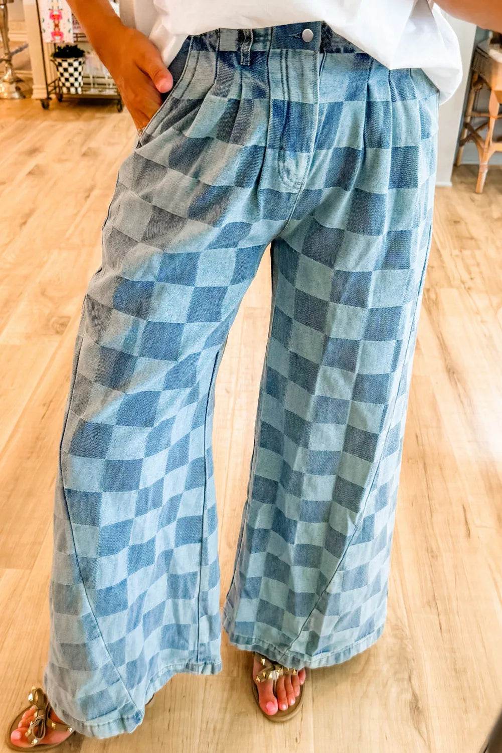 Karierte Jeans mit weitem Bein und Taschen