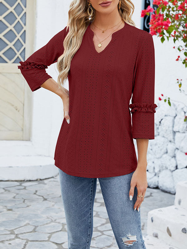 Damen T-Shirt Mit Jacquard V Ausschnitt Und Dreiviertelarm